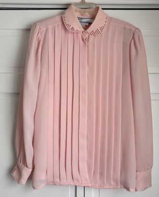 VINTAGE Pink FSA Collection Laser Cut Collar Pleat Long Sleeve Blouse White 10