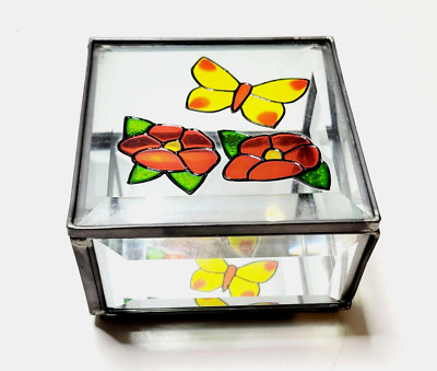 Beveled Glass Mirror Trinket Box Butterfly Flower Design 1980's