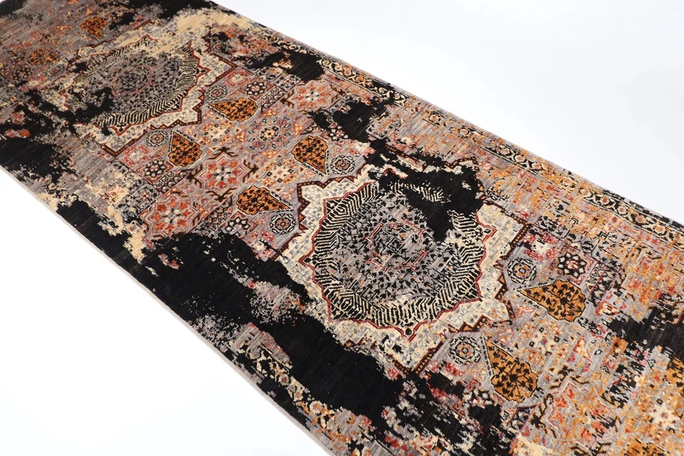 10 ft Abstract Mamluk Hallway Runner Rug Afghan Hand Knotted Wool Bedroom Rug - Image 2 of 4