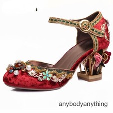 Women Velvet Sandals Vintage Hollow Flower Heel Pumps High Heels Party Shoes
