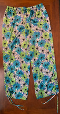 Floral Satin Ruched Ankle Elastic Waist Lounge Pants - Women's Large, Blue Green