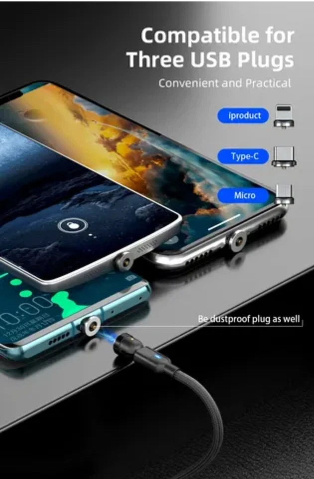 Magnetic Charging Cable iPhone Android USB-C 8-Pin Micro USB 360° Rotating Head - image 3 of 4