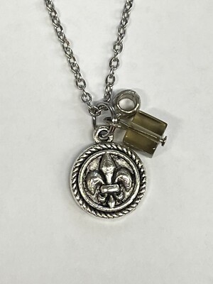 Fleur De Lis Round Charm Square Bead NECKLACE French 20  Stainless Jewelry NEW