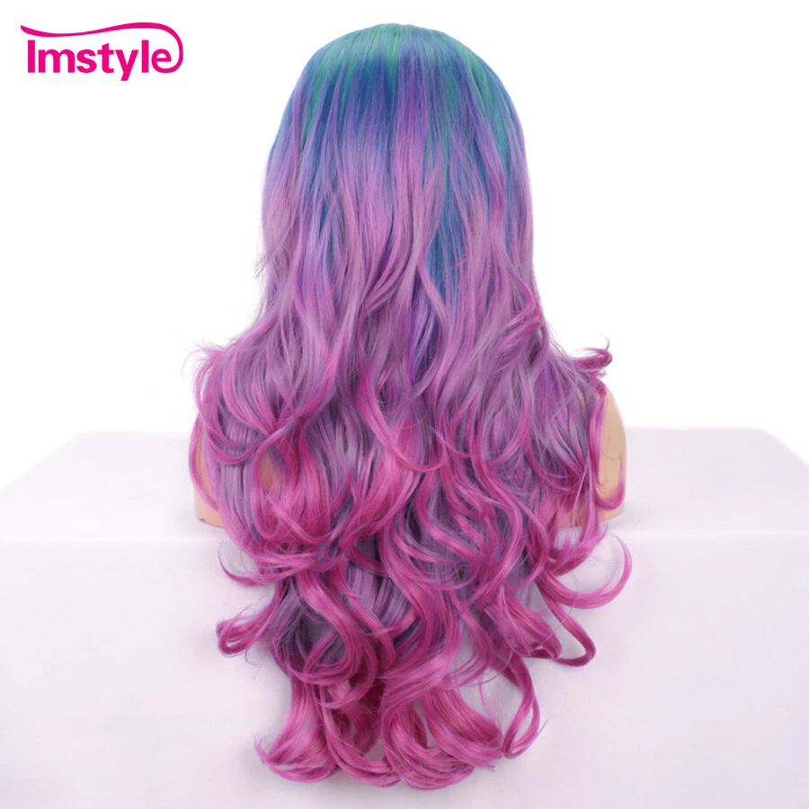Peluca verde azul rosa púrpura ombre colorida peluca frontal de encaje sintético multicolor Foto 2 de 4