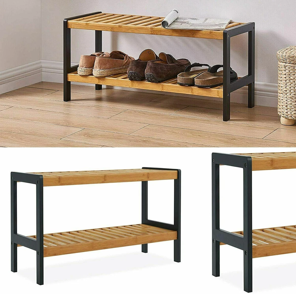 Natural 2-Tier Wood Shoe Rack