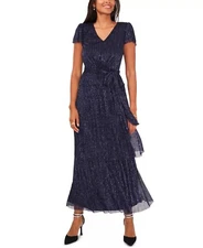 MSK Women's Belted Metallic Maxi Dress Navy Size 10 $129