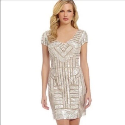 Adrianna Papell Women's Champagne heavily Sequin Sheath Dress lined party  10 | eBay