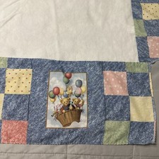 Blue Jean Teddy Bear Crib Skirt Dust Ruffle Balloon Ride Basket Clouds EUC