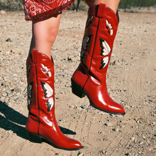 Womens Butterflies Embroidery Western Cowboy Boots Knee High Genuine Leather - Afbeelding 1 van 22