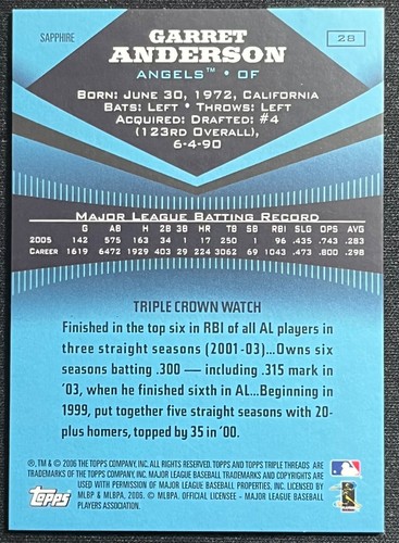 2006 TOPPS TRIPLE THREADS GARRETT ANDERSON BLUE SAPPHIRE ANGELS #/25 - Picture 2 of 2