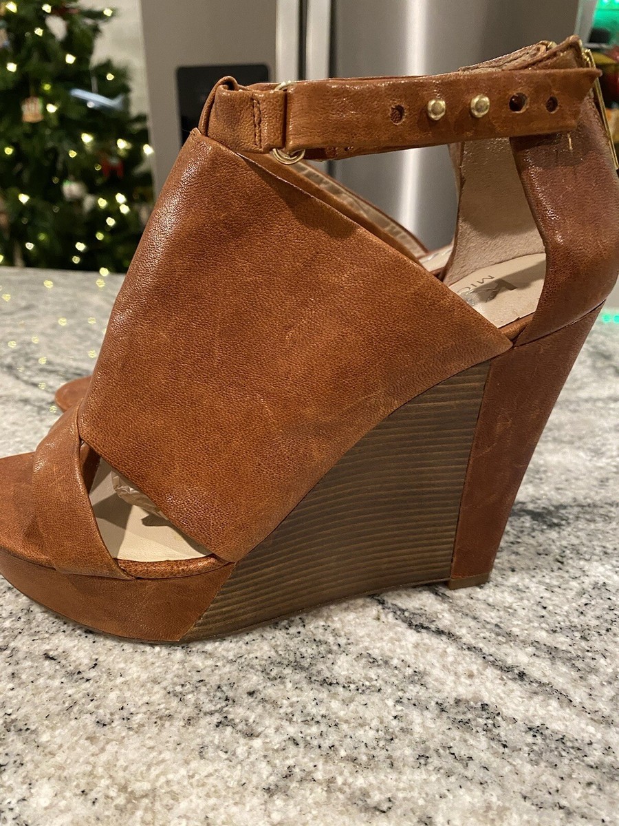 MICHAEL KORS Platform Wood Wedge Sandals Brown Leather SZ