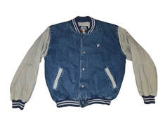 Vintage Denim Letterman Style BMW Jacket Snap Front Sz L Embroidered Hartwell