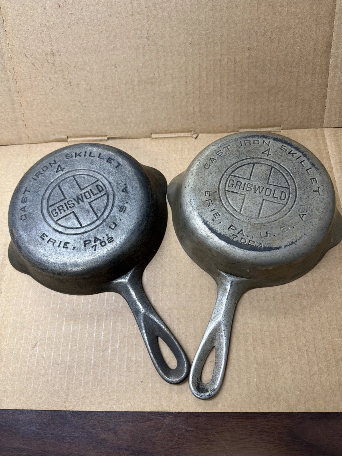 2- Griswold Cast Iron Skillets #4 (702, 702A) Erie PA USA Flat Bottom Crack Free