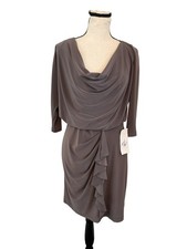 NWT Adrianna Papell Petite 6P Taupe Draped Cowl Neck Ruffle Sheath Cocktail