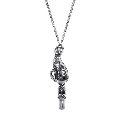 1928 Jewelry Antiqued Pewter Cat Whistle Pendant Necklace, 30''