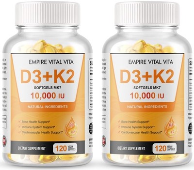 Vitamin D3 10,000 IU K2 MK7 100 mcg, Vit D and K Supplement 240 softgels USA
