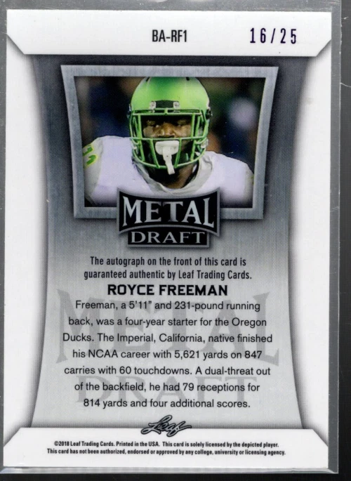 B4702- 2018 Leaf Metal Draft Prismatic Purple #BA-RF1 Royce Freeman Auto /25 - Image 2 of 2