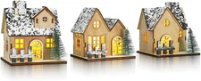 TOYANDONA 3 Pcs Christmas Village Sets - Wooden Christmas Village Houses LED Lig