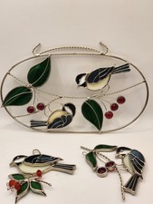 3 pcs CHICKADEE Suncatcher Stained Glass Window Hanging Birds . Berries, leaves