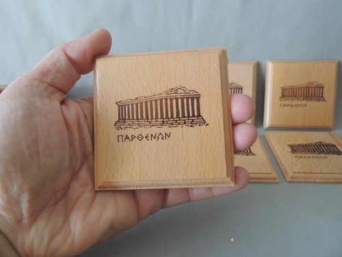 6 Greek wooden coasters Parthenon hand made in a case - Picture 8 of 13