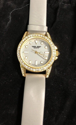 NEW Deporte 9846 Women's Adria Gray Leather Strap Watch w/ Crystals Gold Bezel