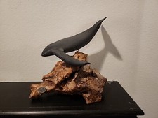 Vintage John Perry Gray Whale Sculpture, Mother & Calf on Burlwood Base RARE!