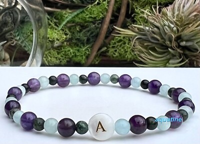 Pisces Zodiac Natural Crystal Bead Initial Stretch Bracelet CUSTOM SIZING