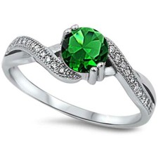 Round Green Emerald  White Cz .925 Sterling Silver Ring