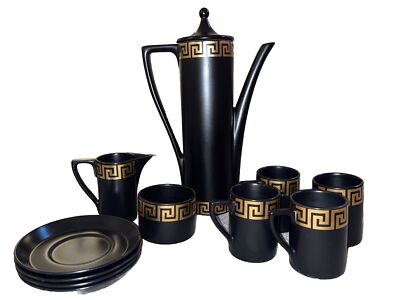 Vtg MCM Susan Williams Ellis Portmeirion Black Gold Greek Key  Coffee Set FLAWS