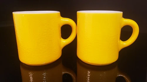 2 Vintage Milk Glass Yellow Textured Stack Mugs