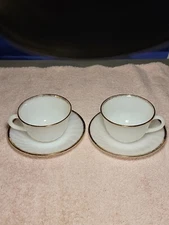 Vintage Fire King,  2 Cup/Saucer Plate Set, Milk Glass/Ribbed/Gold Trim Art Deco