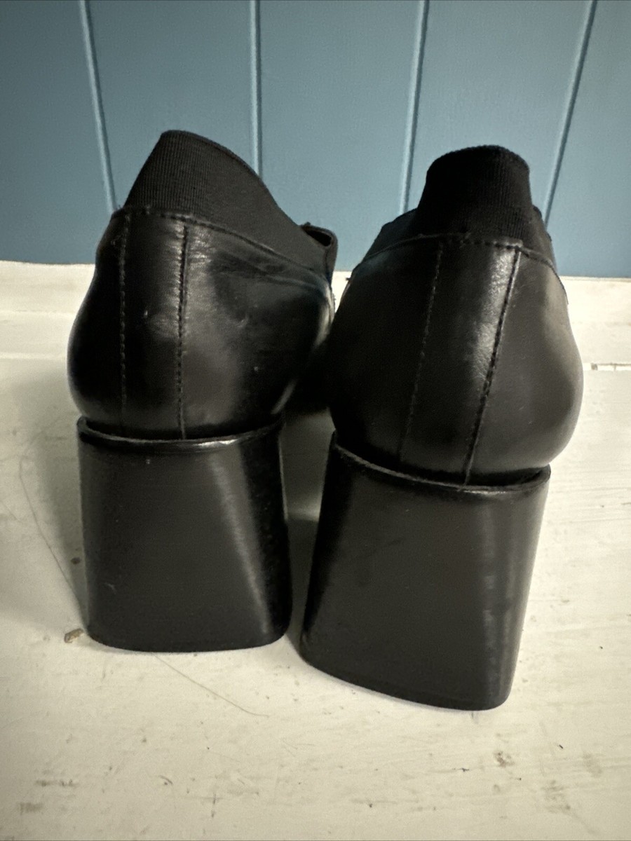 Vintage Y2K 90s Chunky Heel Square Toe Loafer Black Leather Slip
