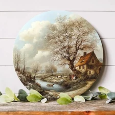 2D Flat, 1pc Vintage Farmhouse Round Metal Wall Decor - Rustic Pastoral Landscap