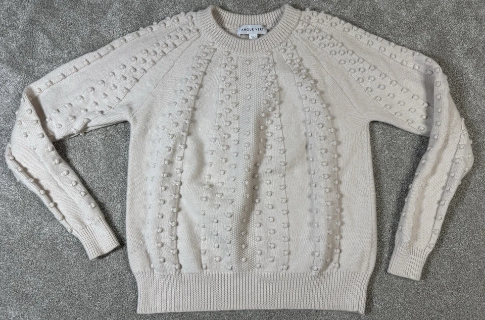 Suéter de Lana Suave AMOUR VERT-Mujer Pequeño-Clásico Crew-Pom Tejido-¡Como Nuevo! Foto 2 de 4