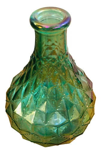 Fenton Iridescent Bud Vase Green Blue 5" Carnival Glass Quilted Diamond Pattern