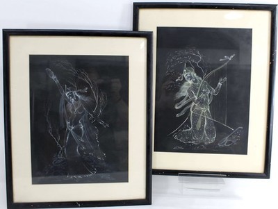 Original 1977 Middle Eastern Chalk Drawings Signed Arabic Female Figures 18×22