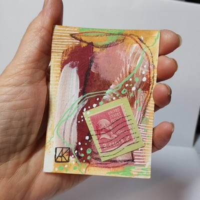 ACEO Original Abstract Painting John Adams 2 cent Postage Stamp Red - AMBER K