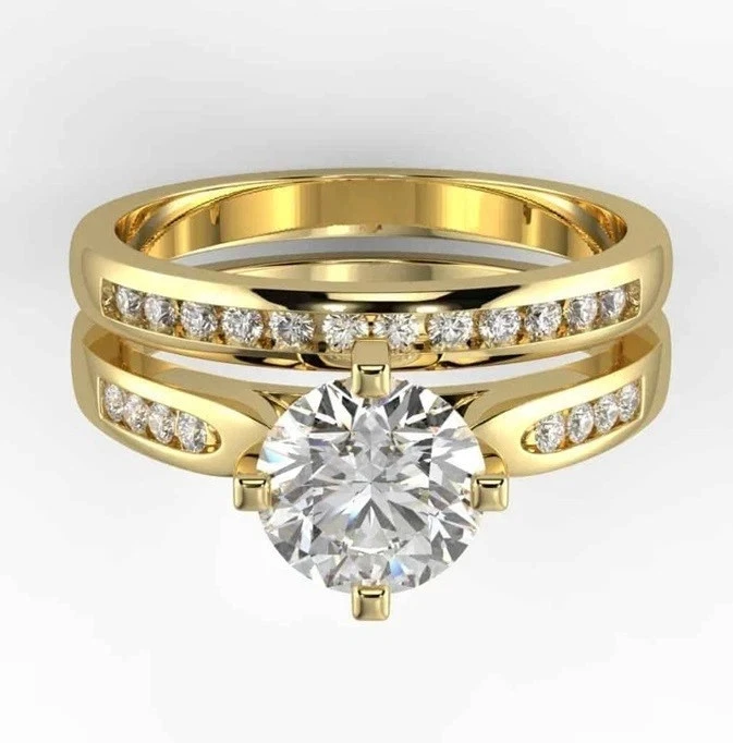 14k Yellow Gold Plated 2.00CTW Round Lab-Created Diamond Wedding Ring & Band Set - Image 3 of 4