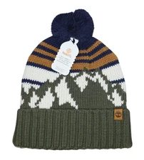 Timberland Mountain Striped Pom Pom Winter Beanie Men's Hat OSFM NWT Green Multi