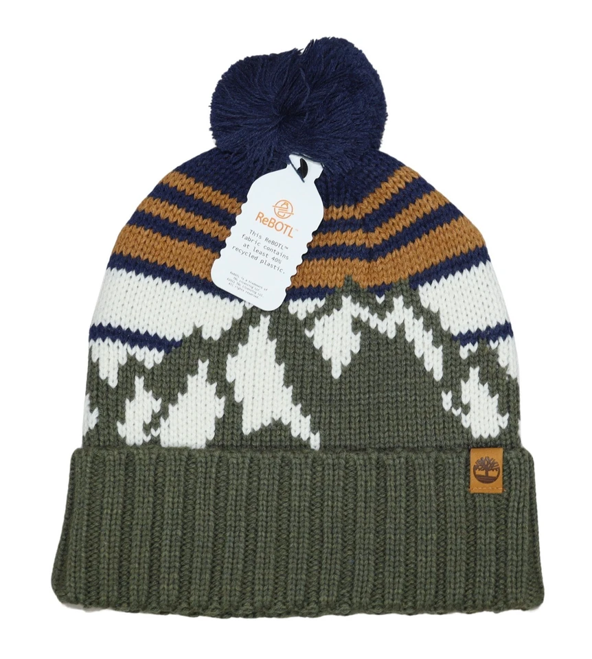 Timberland Mountain Rayas Pom Pom Invierno Gorro Para Hombre Sombrero OSFM NUEVO CON ETIQUETAS Verde Multi