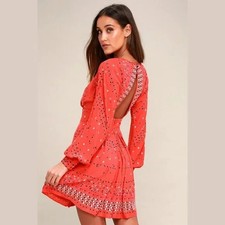 Free People Coryn Coral Orange Print Long Sleeve Dress, size 4