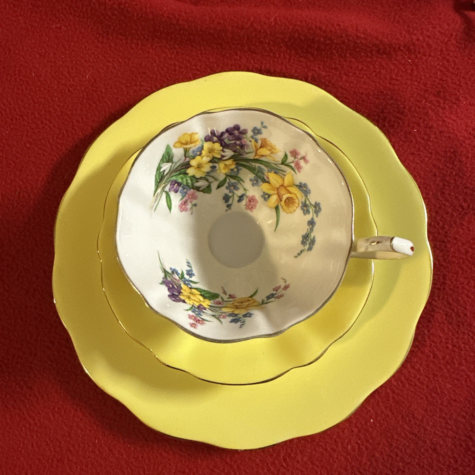 Vtg Trio Queen Anne Bone China England Yellow Flora Cup, Saucer, Dessert Plate  