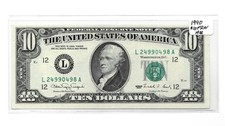 1990 $10 Federal Reserve Note San Francisco L District AU+ Clean Paper FRN