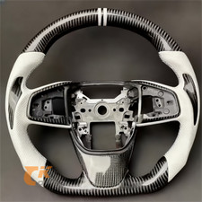Steering Wheel For 2016-2021 Honda Civic Custom Black Carbon Fiber White Leather