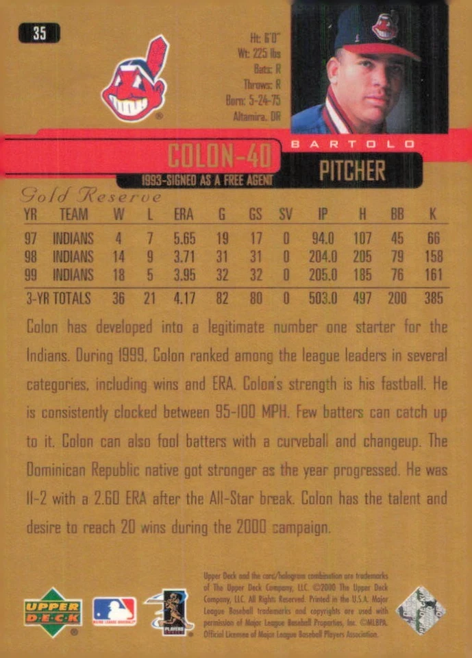 2000 Upper Deck Gold Reserve #35 Bartolo Colon Cleveland Indians Baseball Card - Image 2 of 2