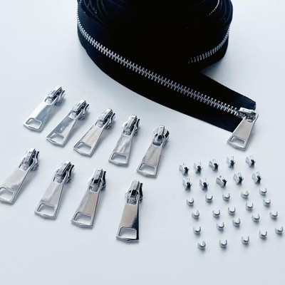 Heavy Duty Black & White Metal Zipper by the Yard - 5 Yards, 10 Sliders, DIY Sew