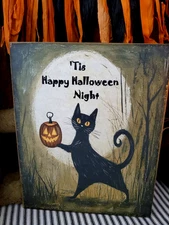 GOTHIC FOLK  ART PRIMITIVE VINTAGE STYLE HALLOWEEN BLACK CAT PUMPKIN MOON SIGN