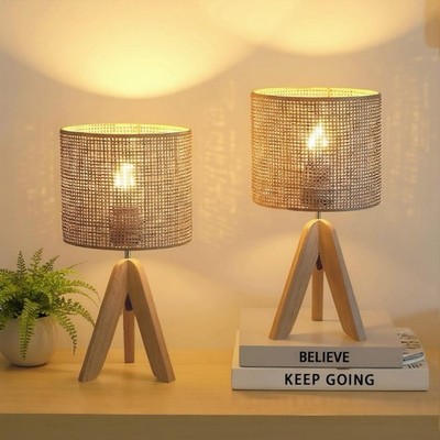 Tripod Lamps for Night Stands Set of 2, Boho Bedside Lamps with Wicker Shade,...