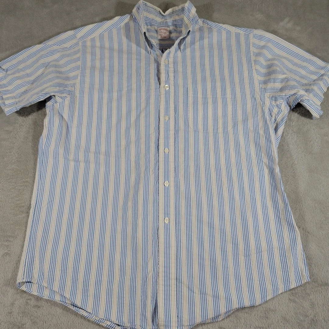 Brooks Brothers Shirt Men L Blue Stripe Waffled Comfort Cotton Summer Beach