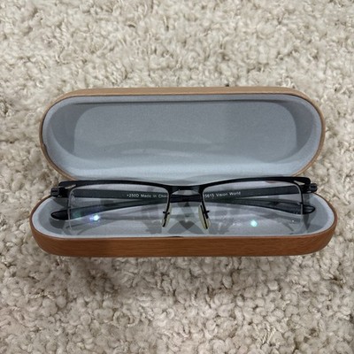 Vision World R15615 Black Half-Rim Reading Glasses +250D w/ Wooden Hard Case